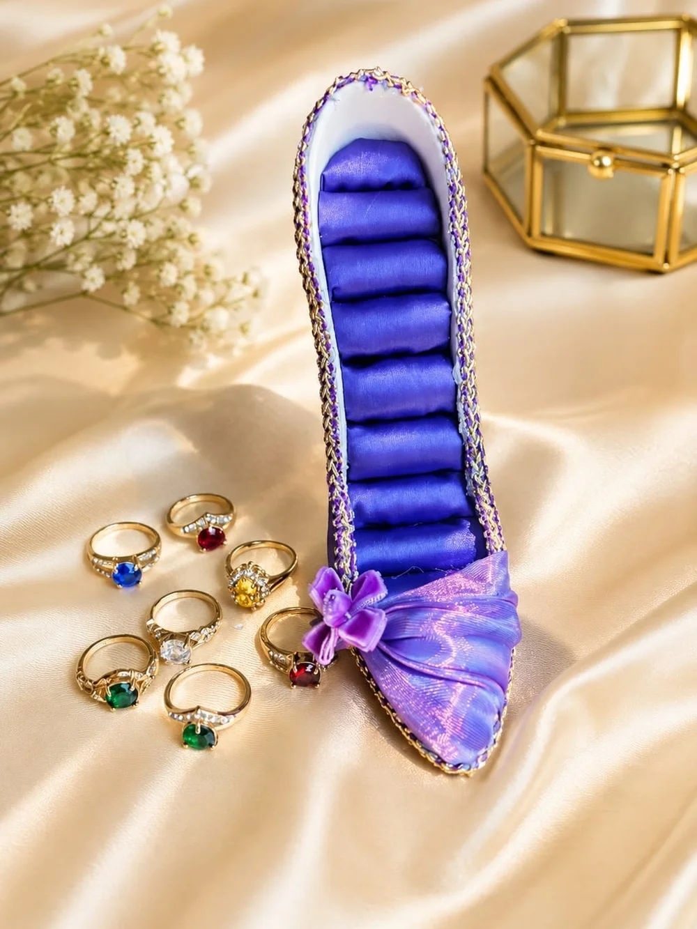 Purple High Heel Shoe Ring Holder Display Organizer + 7 CZ Rings Set